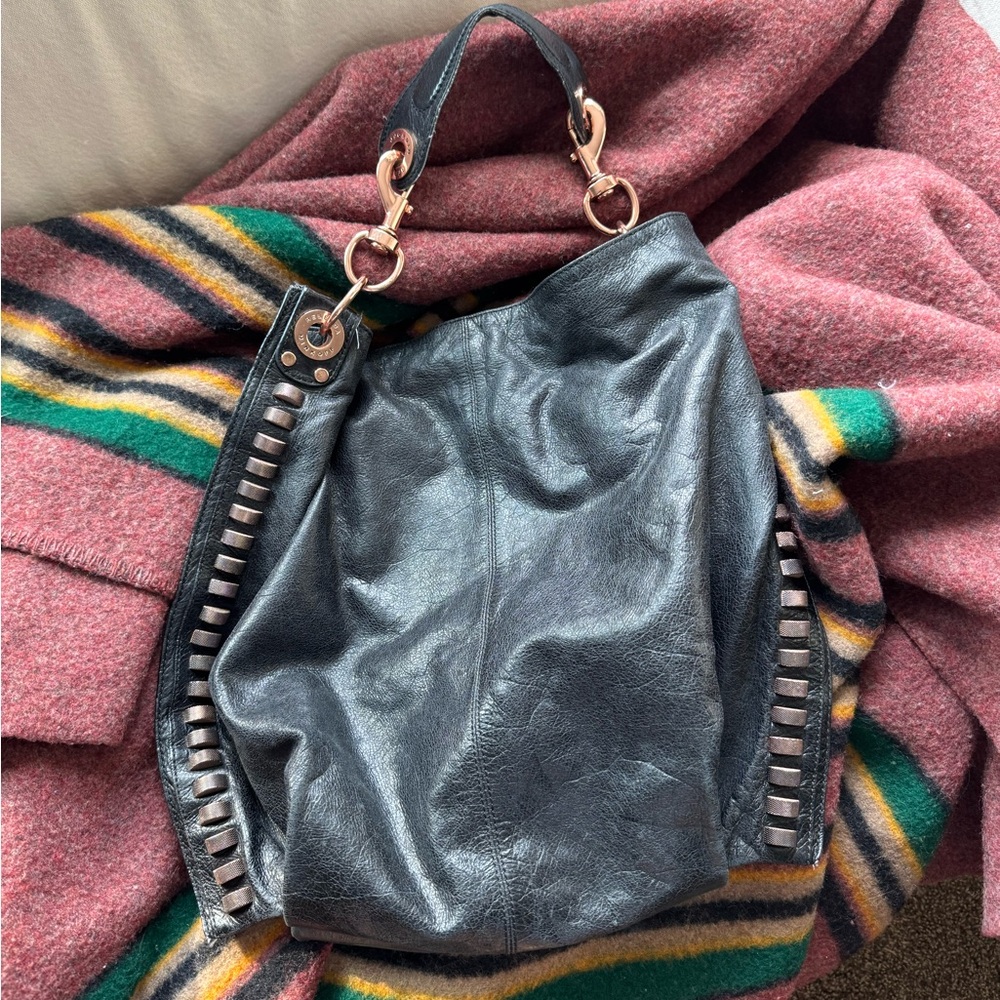 Rebecca Minkoff Black Leather Hobo Bag with rose gold studs and hardware slouchy - Picture 3 of 11